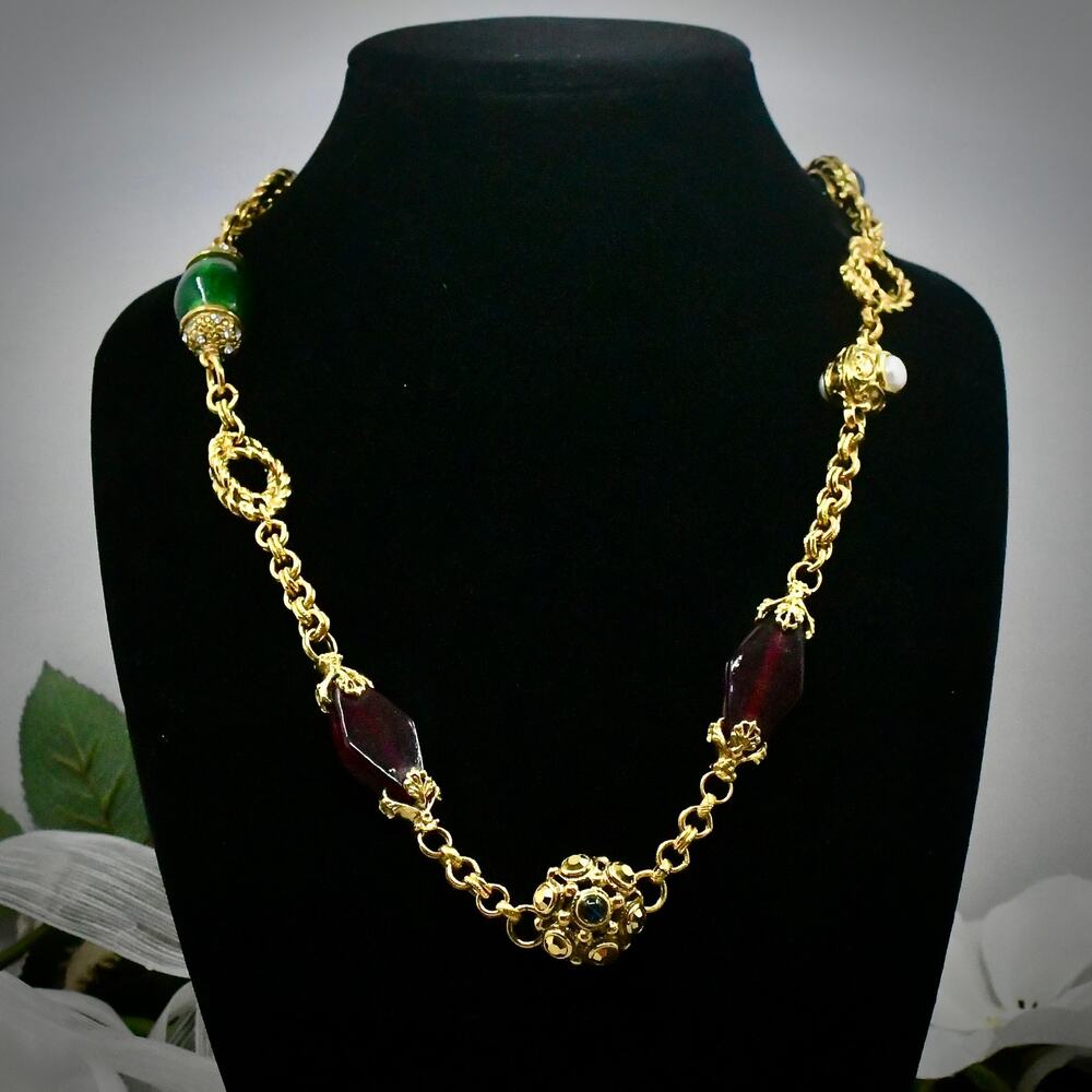 Jose & Maria Barrera Heavy Runway 24K GP Multi Stone Station Necklace 162.5g VTG